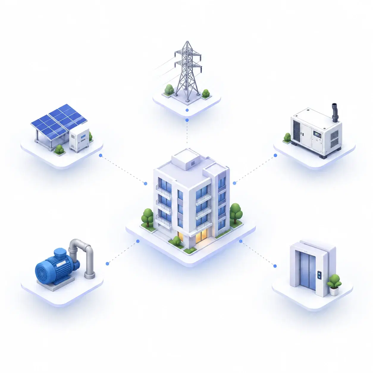 Building linked to the grid, solar, a generator, a pump, and a lift