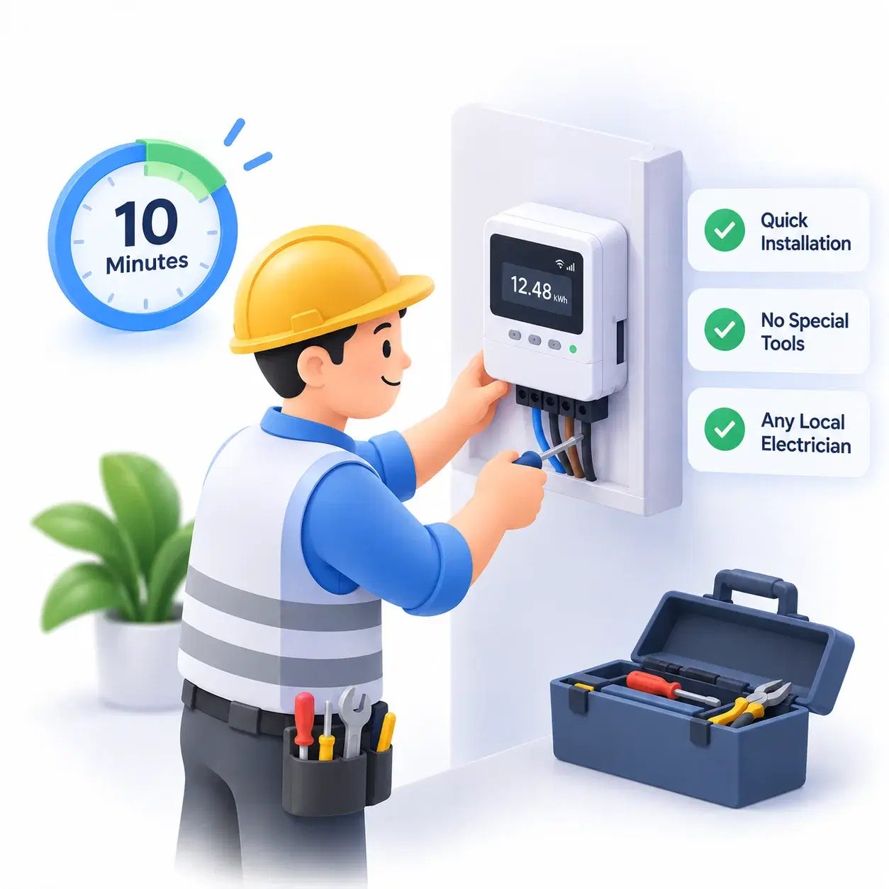 Local electrician fitting a Qube meter in minutes with a standard toolbox
