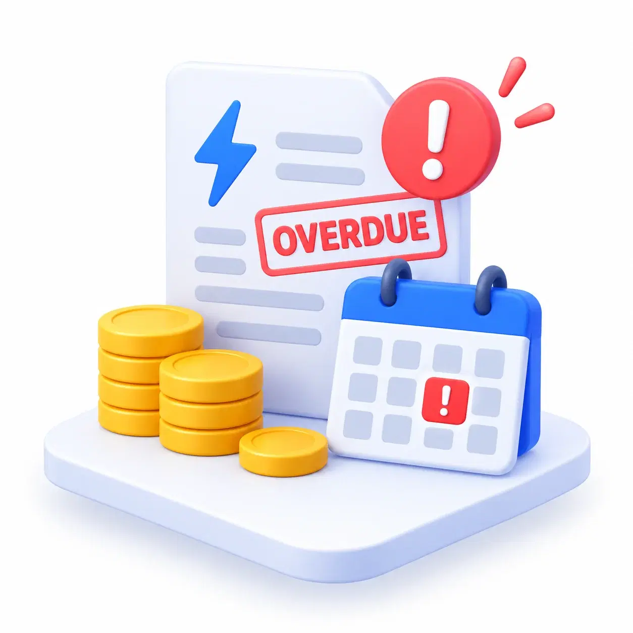 Landlord holding an overdue electricity bill beside a calendar and an open wallet
