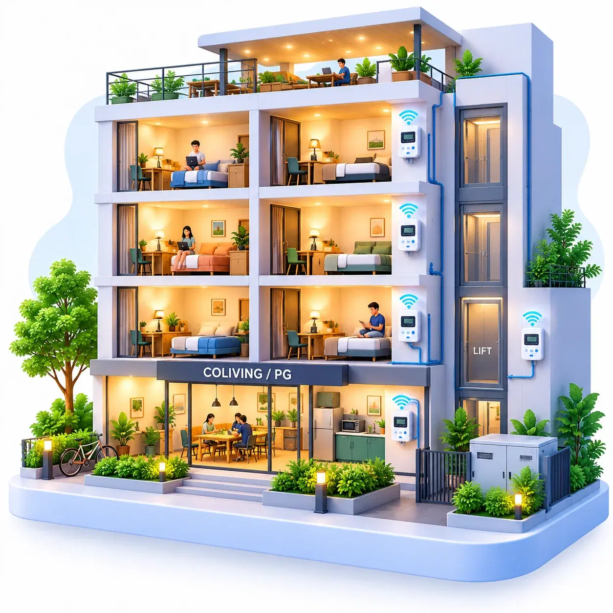 Coliving building with Qube submeters on each floor